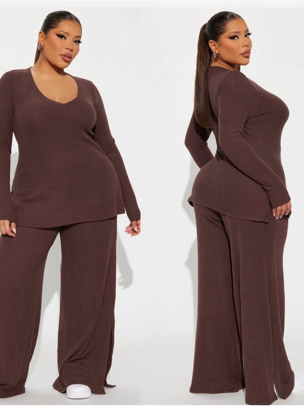 NWT! Fashion Nova Ribbed V-Neck Two-Piece Set - Brown | Women’s 3X